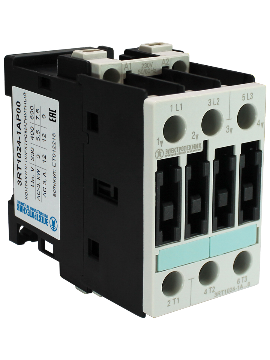 3RT1024-1AP00, 3-пол., 12A, AC-3, 5,5кВт/400V, 230V AC, 50/60Гц, типоразмер S0, винтовые клеммы, IP20, контактор электромагнитный  (ЭТ)